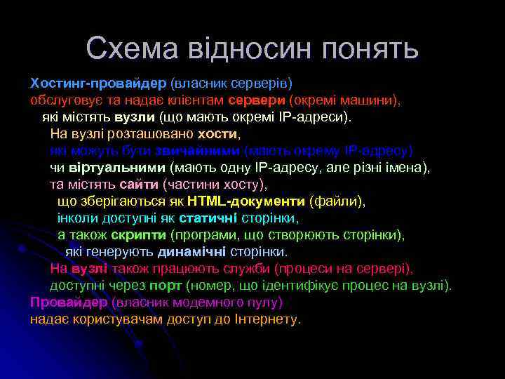 Схема відносин понять Хостинг-провайдер (власник серверів) обслуговує та надає клієнтам сервери (окремі машини), які