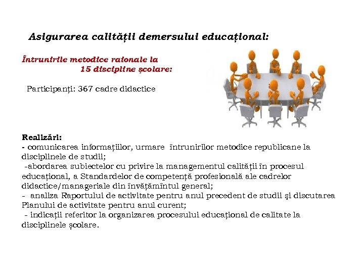 Asigurarea calităţii demersului educaţional: Întrunirile metodice raionale la 15 discipline şcolare: Participanţi: 367 cadre