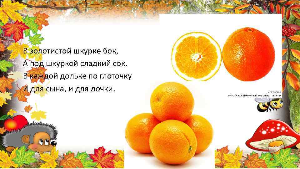 В золотистой шкурке бок, А под шкуркой сладкий сок. В каждой дольке по глоточку