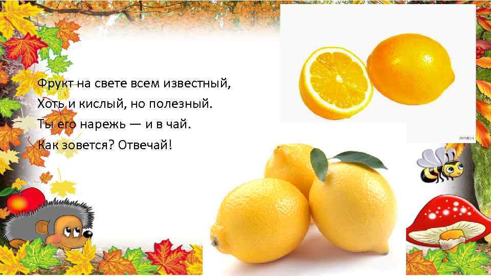 Фрукт на свете всем известный, Хоть и кислый, но полезный. Ты его нарежь —