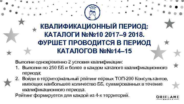 КВАЛИФИКАЦИОННЫЙ ПЕРИОД: КАТАЛОГИ №№ 10 2017– 9 2018. ФУРШЕТ ПРОВОДИТСЯ В ПЕРИОД КАТАЛОГОВ №№