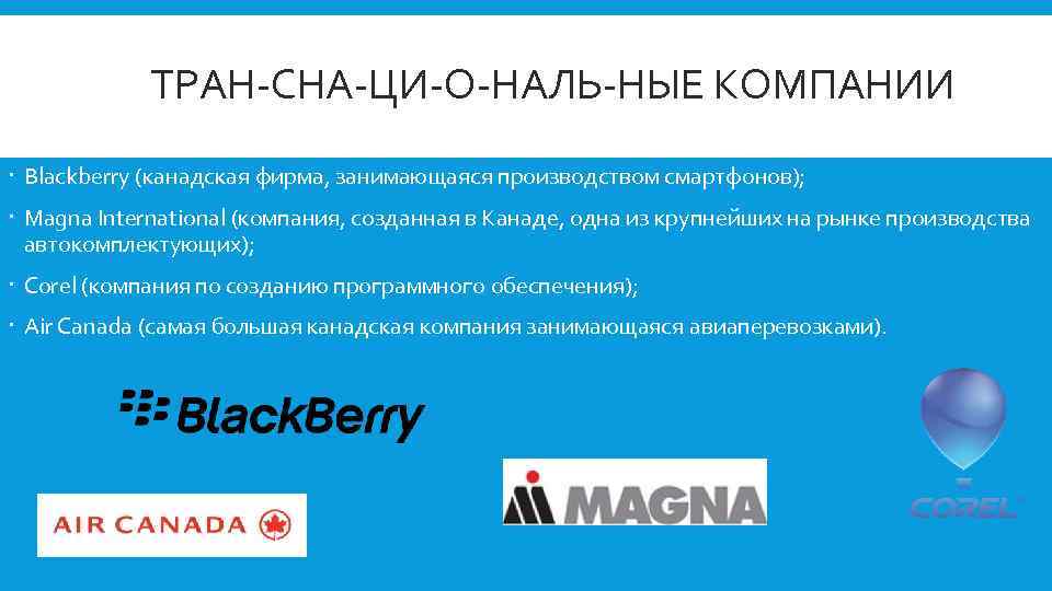 ТРАН СНА ЦИ О НАЛЬ НЫЕ КОМПАНИИ Blackberry (канадская фирма, занимающаяся производством смартфонов); Magna