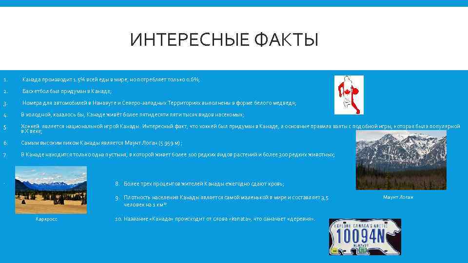 ИНТЕРЕСНЫЕ ФАКТЫ 1. Канада производит 1. 5% всей еды в мире, но потребляет только