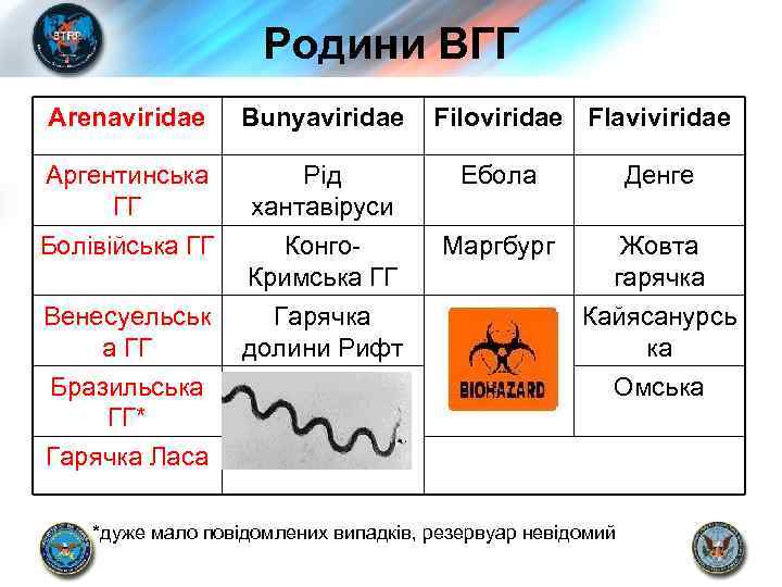 Родини ВГГ Arenaviridae Bunyaviridae Filoviridae Flaviviridae Аргентинська ГГ Рід хантавіруси Ебола Денге Болівійська ГГ