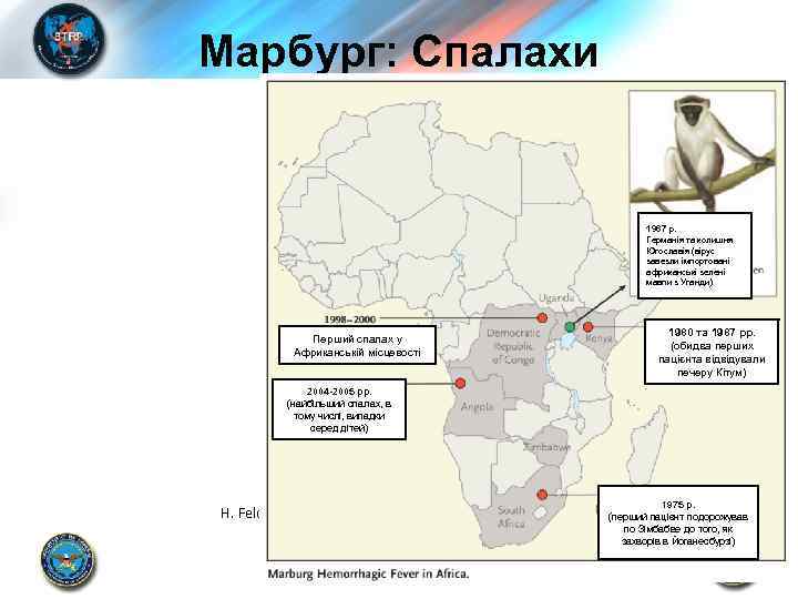 Марбург: Спалахи 1967 р. Германія та колишня Югославія (вірус завезли імпортовані африканські зелені мавпи