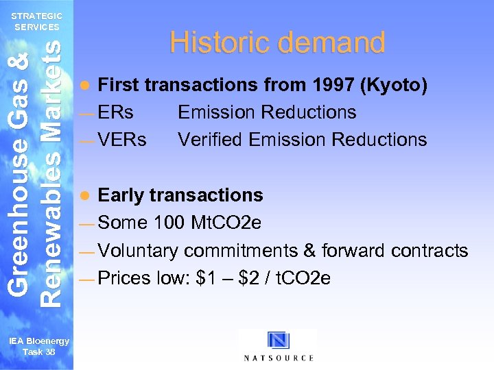 Greenhouse Gas & Renewables Markets STRATEGIC SERVICES IEA Bioenergy Task 38 Historic demand First