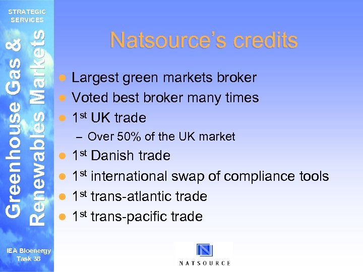 Greenhouse Gas & Renewables Markets STRATEGIC SERVICES IEA Bioenergy Task 38 Natsource’s credits Largest