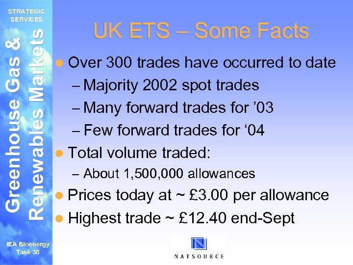 Greenhouse Gas & Renewables Markets STRATEGIC SERVICES IEA Bioenergy Task 38 UK ETS –