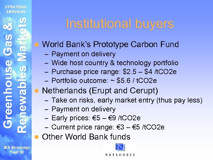 Greenhouse Gas & Renewables Markets STRATEGIC SERVICES IEA Bioenergy Task 38 Institutional buyers l