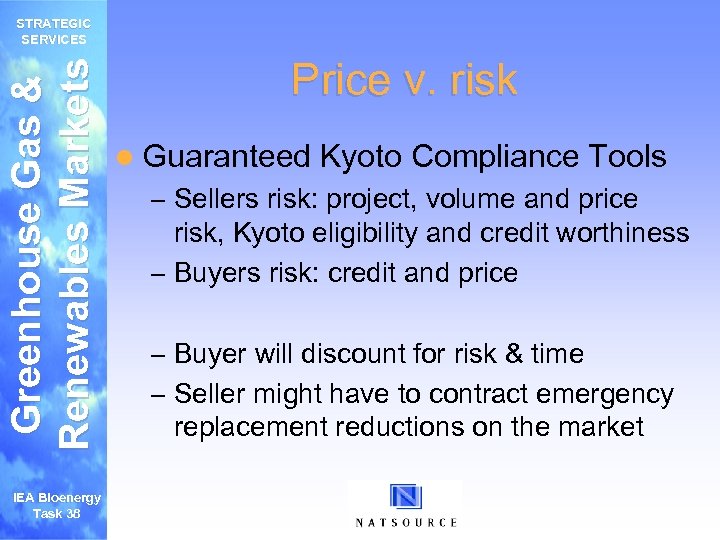 Greenhouse Gas & Renewables Markets STRATEGIC SERVICES IEA Bioenergy Task 38 Price v. risk