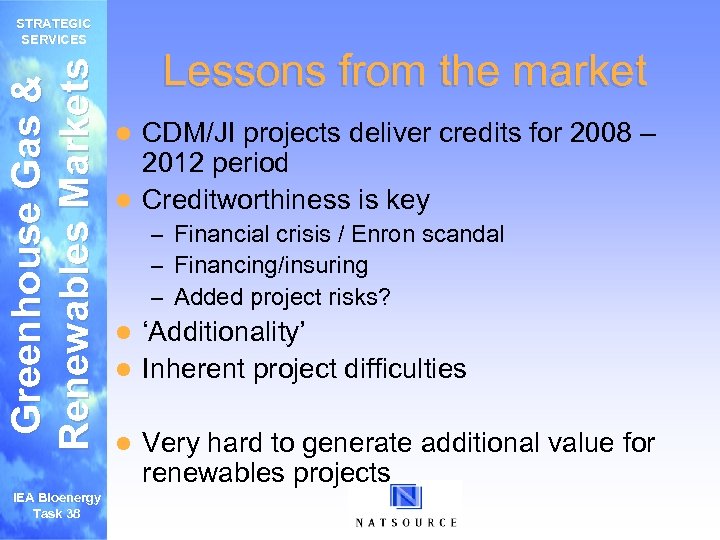 Greenhouse Gas & Renewables Markets STRATEGIC SERVICES IEA Bioenergy Task 38 Lessons from the