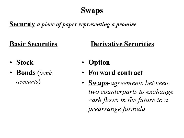 Swaps Security-a piece of paper representing a promise Basic Securities • Stock • Bonds