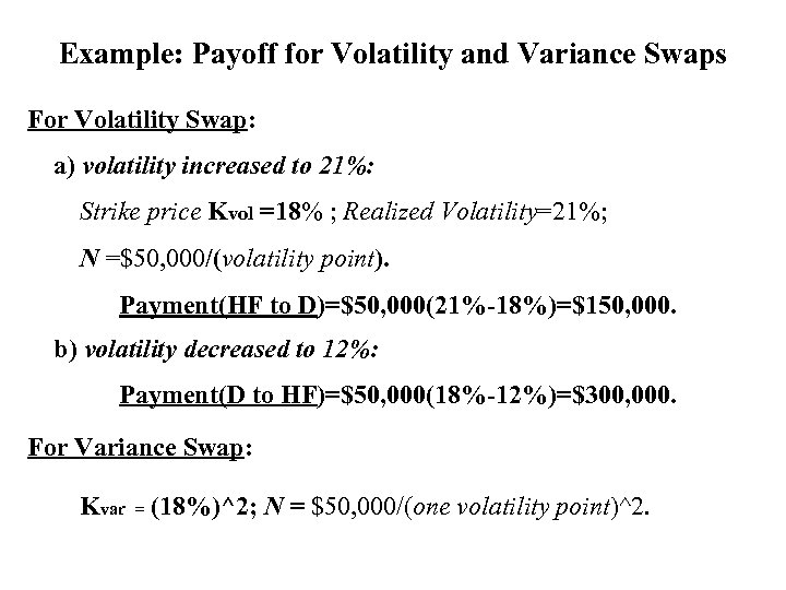 Example: Payoff for Volatility and Variance Swaps For Volatility Swap: a) volatility increased to