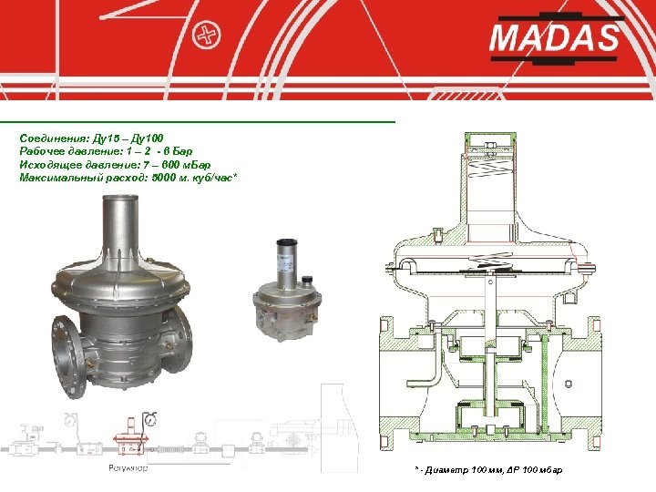 Соединения: Ду15 – Ду100 Рабочее давление: 1 – 2 - 6 Бар Исходящее давление: