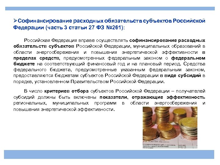 ØСофинансирование расходных обязательств субъектов Российской Федерации (часть 3 статьи 27 ФЗ № 261): Российская