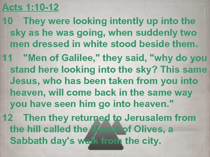 Acts 1: 10 -12 10 They were looking intently up into the sky as