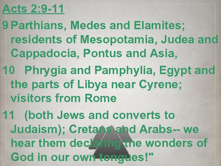 Acts 2: 9 -11 9 Parthians, Medes and Elamites; residents of Mesopotamia, Judea and