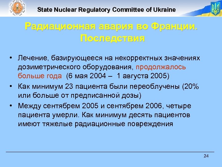 State Nuclear Regulatory Committee of Ukraine Радиационная авария во Франции. Последствия • Лечение, базирующееся