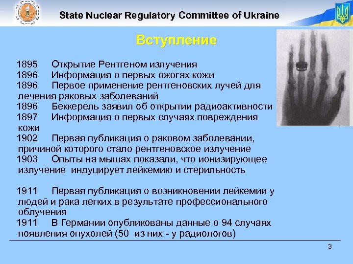 State Nuclear Regulatory Committee of Ukraine Вступление 1895 Открытие Рентгеном излучения 1896 Информация о