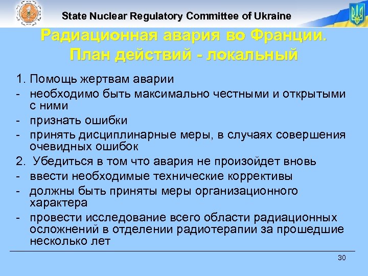 State Nuclear Regulatory Committee of Ukraine Радиационная авария во Франции. План действий - локальный