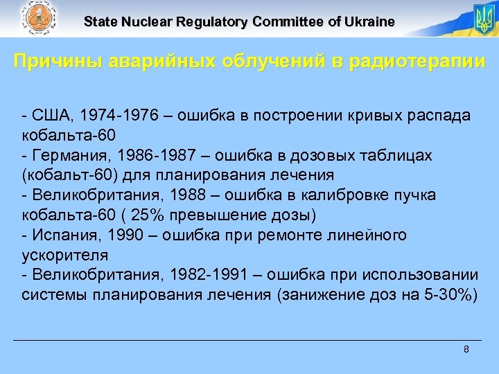 State Nuclear Regulatory Committee of Ukraine Причины аварийных облучений в радиотерапии - США, 1974
