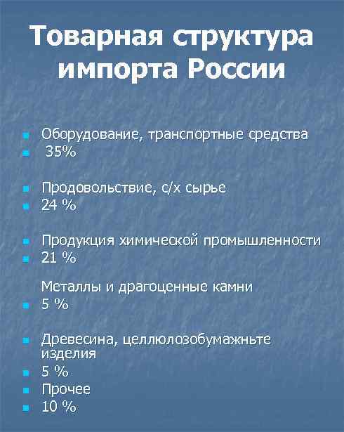 Товарная структура импорта России n n Оборудование, транспортные средства 35% Продовольствие, с/х сырье 24