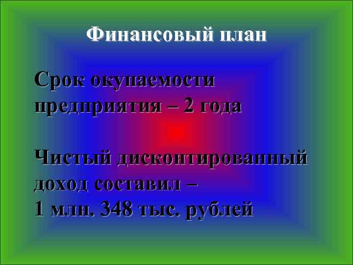Финансовый план Срок окупаемости предприятия – 2 года Чистый дисконтированный доход составил – 1