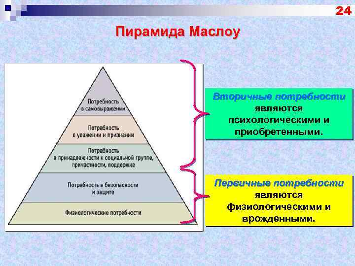 24 Пирамида Маслоу Вторичные потребности являются психологическими и приобретенными. Первичные потребности являются физиологическими и