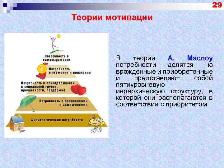 29 Теории мотивации В теории А. Маслоу потребности делятся на врожденные и приобретенные и