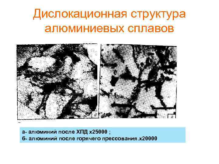 Дислокационная структура алюминиевых сплавов а- алюминий после ХПД х25000 ; б- алюминий после горячего