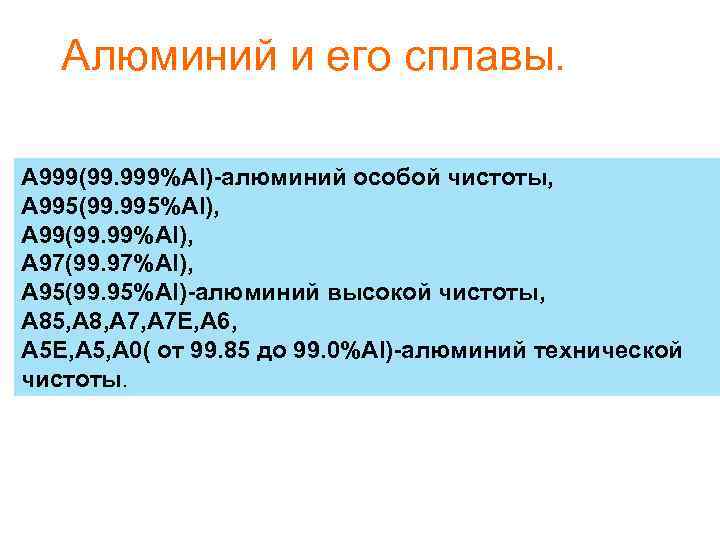 Алюминий и его сплавы. Алюминий особой чистоты. Алюминиевый сплав а99. 21. Алюминий и его сплавы..