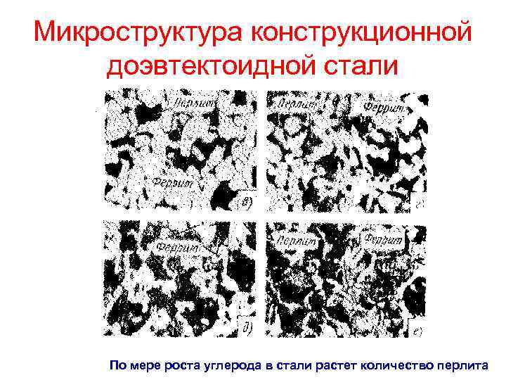 Микроструктура конструкционной доэвтектоидной стали По мере роста углерода в стали растет количество перлита 