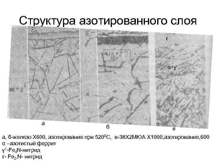 Структура азотированного слоя ε α+γ а б в а, б-железо Х 600, азотирование при