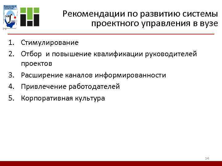 Рекомендации по развитию системы проектного управления в вузе 1. Стимулирование 2. Отбор и повышение