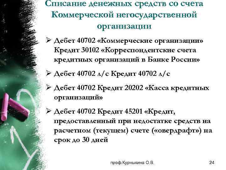 Списание денежных средств со счета Коммерческой негосударственной организации Ø Дебет 40702 «Коммерческие организации» Кредит