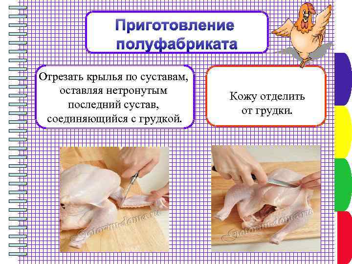 Приготовление полуфабриката Отрезать крылья по суставам, оставляя нетронутым последний сустав, соединяющийся с грудкой. Кожу