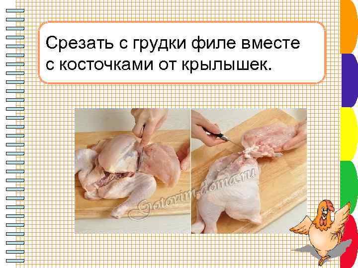 Срезать с грудки филе вместе с косточками от крылышек. 