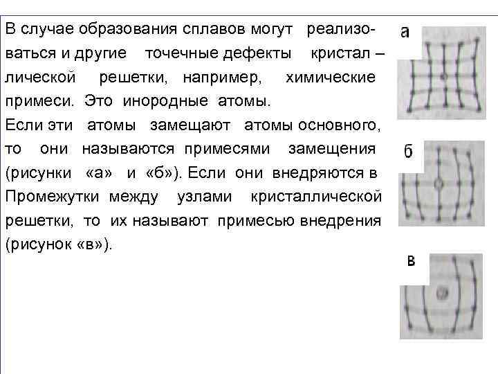 В случае образования сплавов могут реализоваться и другие точечные дефекты кристал – лической решетки,