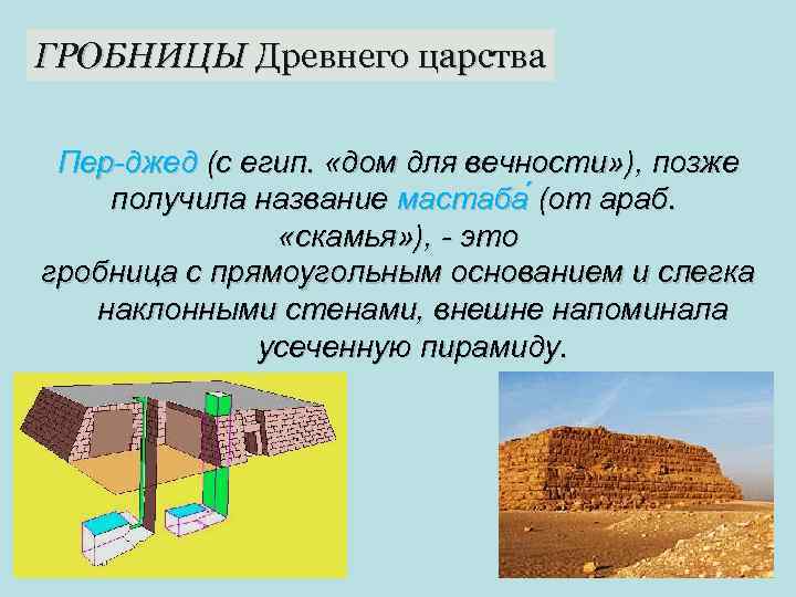 ГРОБНИЦЫ Древнего царства Пер-джед (с егип. «дом для вечности» ), позже получила название мастаба