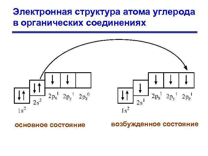 Электронная структура атома углерода в органических соединениях основное состояние возбужденное состояние 