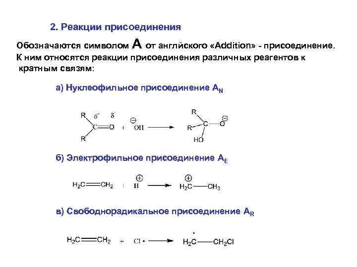 2. Реакции присоединения Обозначаются символом A от англйского «Addition» - присоединение. К ним относятся