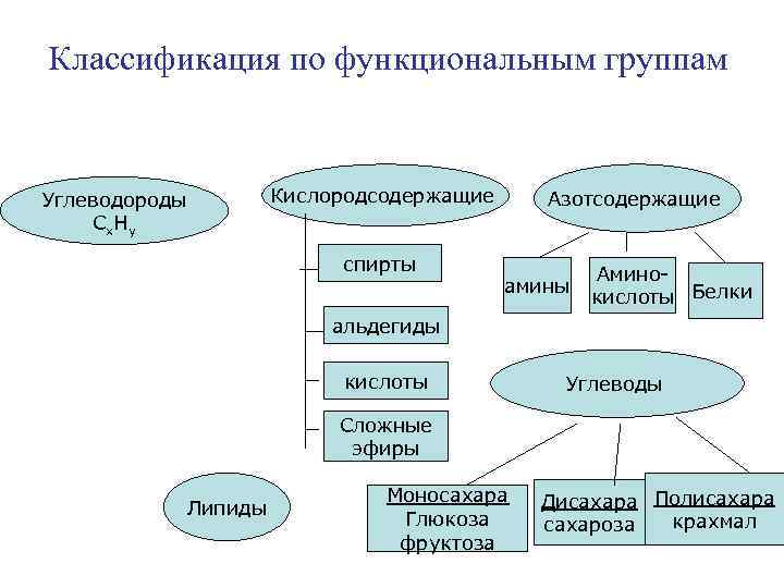 Классификация по функциональным группам Кислородсодержащие Углеводороды Сх. Ну спирты Азотсодержащие амины Аминокислоты Белки альдегиды