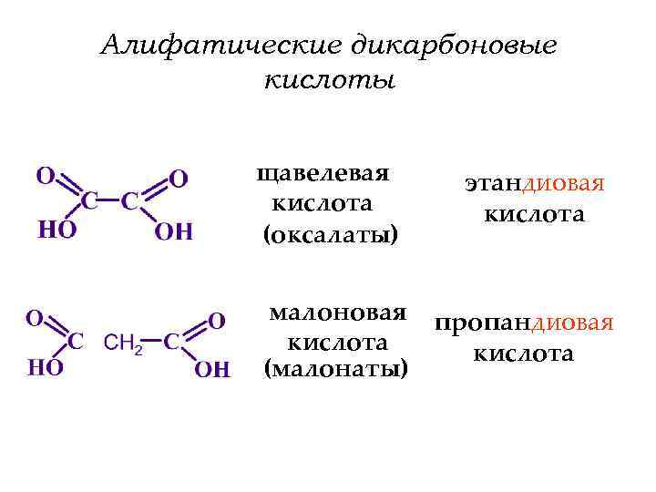 Алифатические дикарбоновые кислоты щавелевая кислота (оксалаты) малоновая кислота (малонаты) этандиовая кислота пропандиовая кислота 