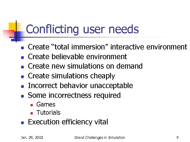 Conflicting user needs n n n Create “total immersion” interactive environment Create believable environment