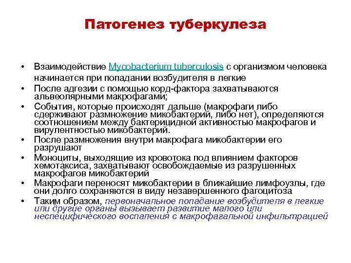 Патогенез туберкулеза • • Взаимодействие Mycobacterium tuberculosis с организмом человека начинается при попадании возбудителя