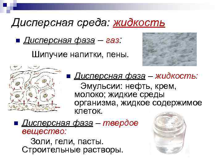 Дисперсная среда: жидкость n Дисперсная фаза – газ: Шипучие напитки, пены. Дисперсная фаза –