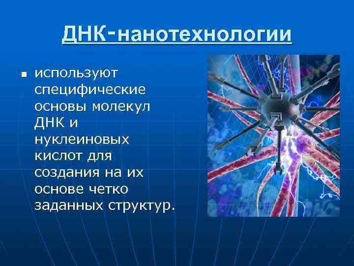 ДНК‑нанотехнологии n используют специфические основы молекул ДНК и нуклеиновых кислот для создания на их