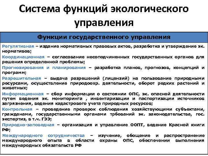 Система функций экологического управления Функции государственного управления Регулятивная – издание нормативных правовых актов, разработка