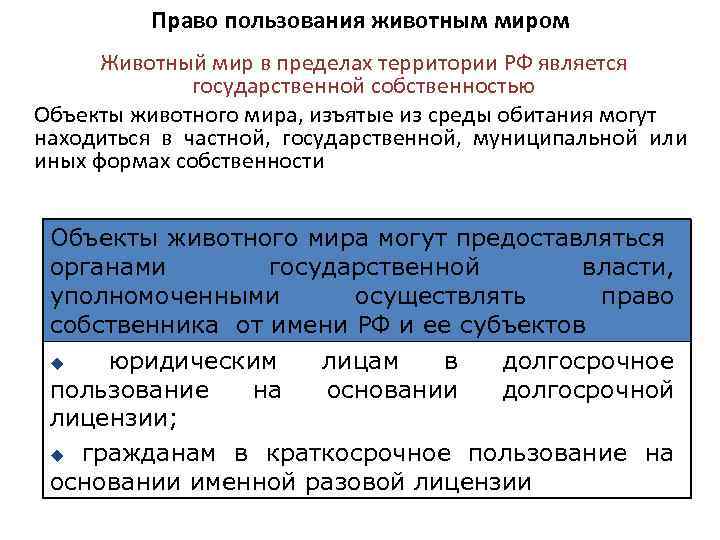 Право пользования животным миром Животный мир в пределах территории РФ является государственной собственностью Объекты