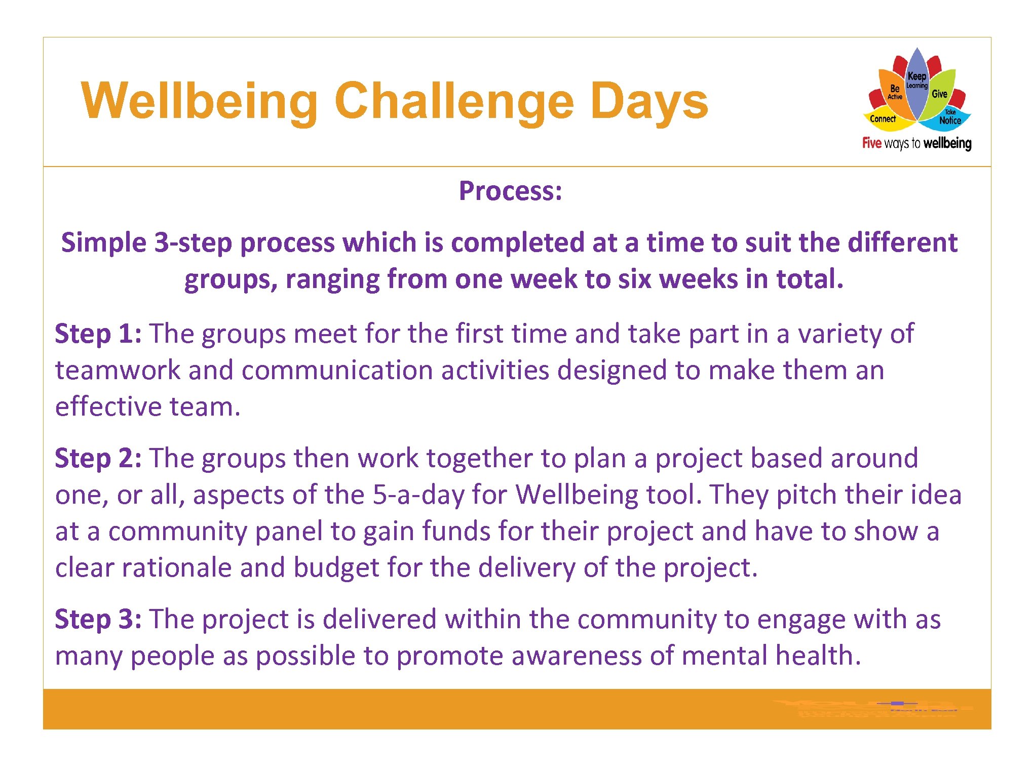 Wellbeing Challenge Days Process: Simple 3 -step process which is completed at a time